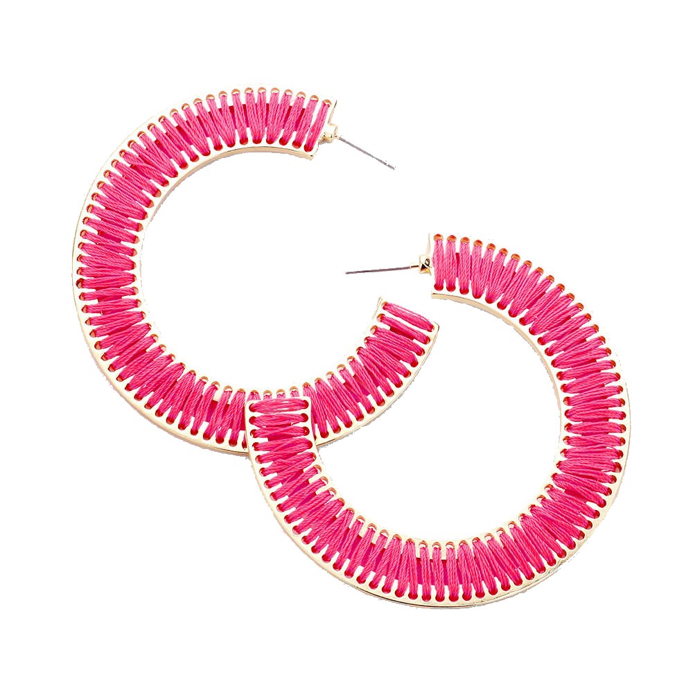 Erin Multiple Color Thread Stitched Wrapped Tassel Lace Trim Half Hoop Stud Earrings - Fuchsia