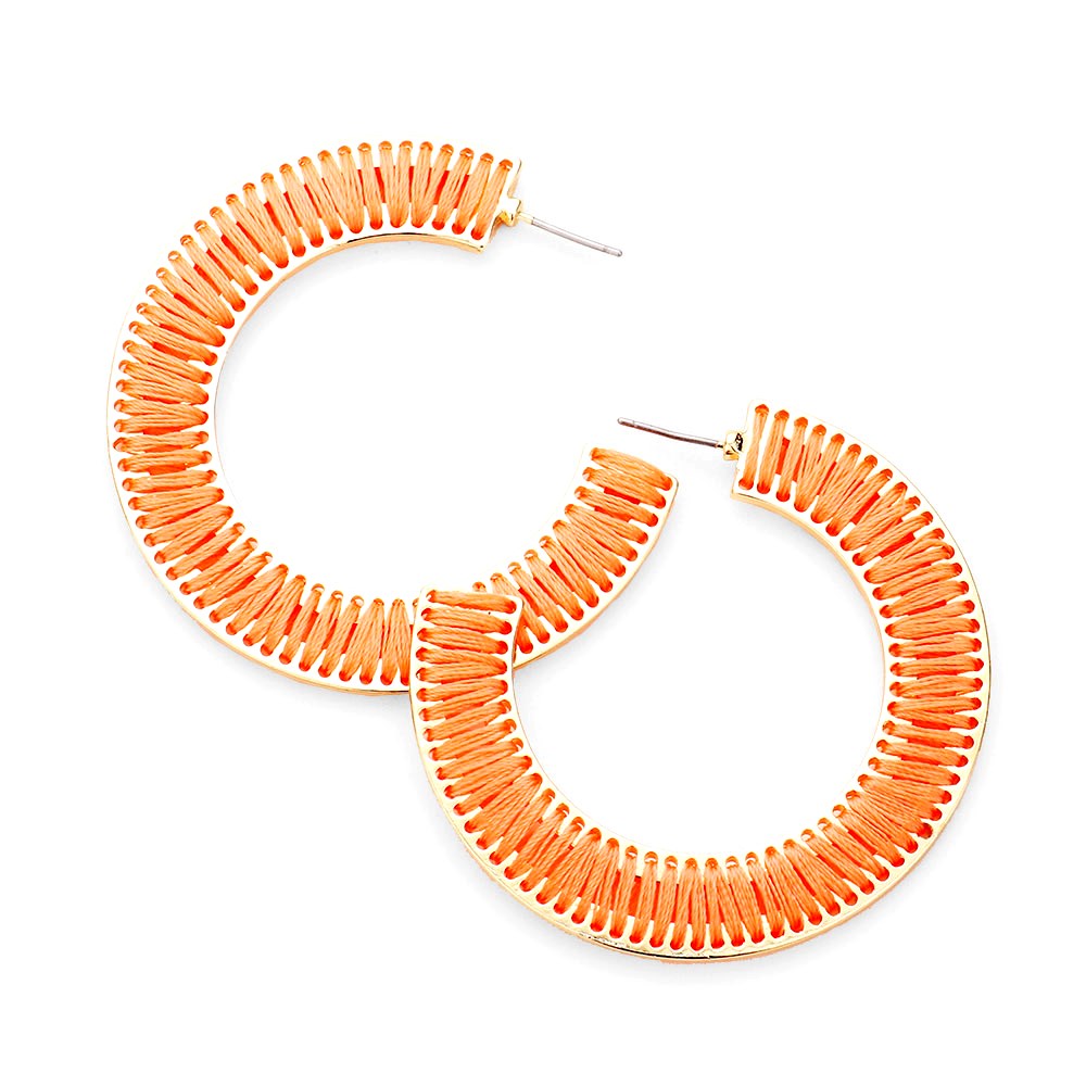 Erin Multiple Color Thread Stitched Wrapped Tassel Lace Trim Half Hoop Stud Earrings - Orange