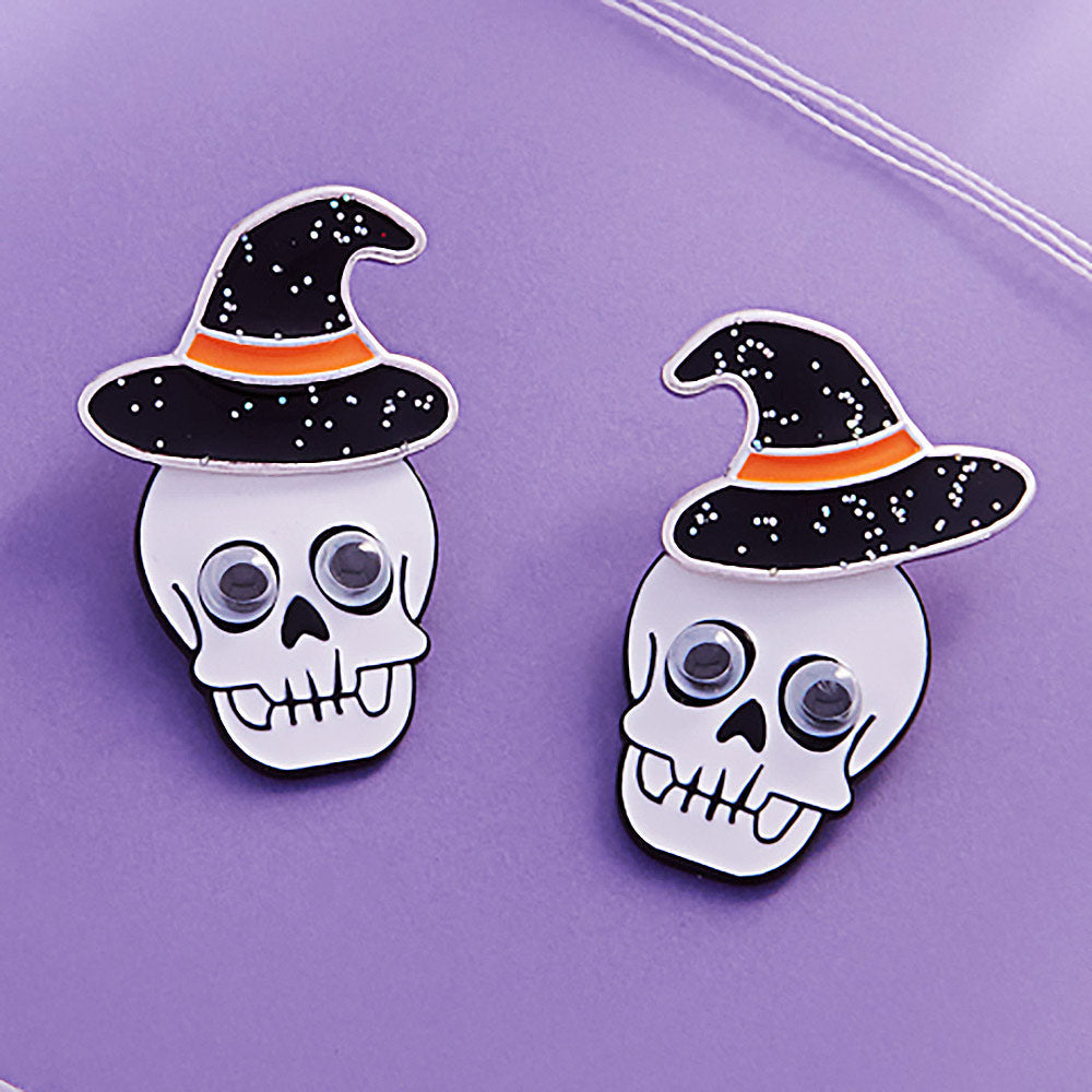 Black, White Eye Pointed Enamel Skull Head in Witch Hat Earrings