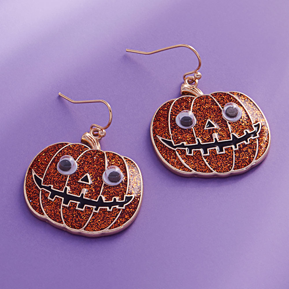 Gold Eye Pointed Glittered Enamel Halloween Pumpkin Dangle Earrings