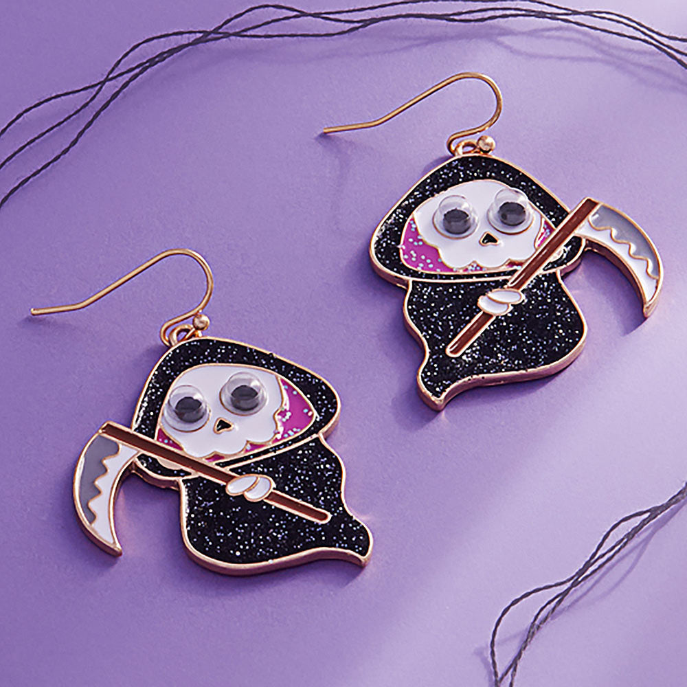 Gold Eye Pointed Glittered Enamel Skull Grim Reaper Dangle Earrings