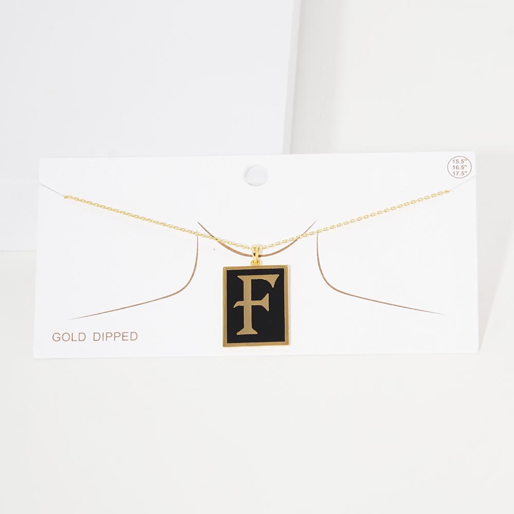 Gold -F- Gold Dipped Enamel Rectangle Initial Monogram Pendant Necklace