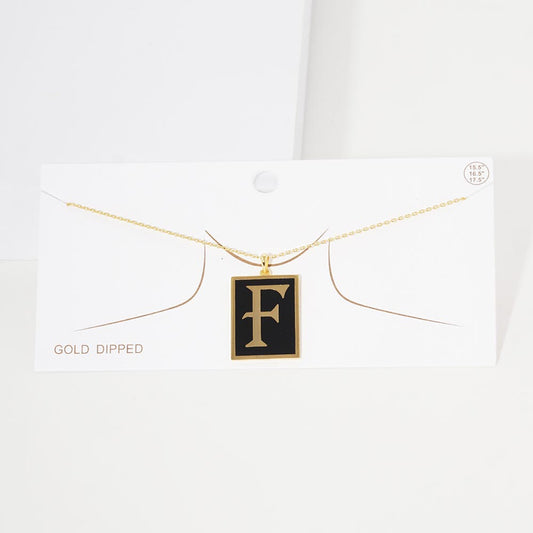 Gold -F- Gold Dipped Enamel Rectangle Initial Monogram Pendant Necklace