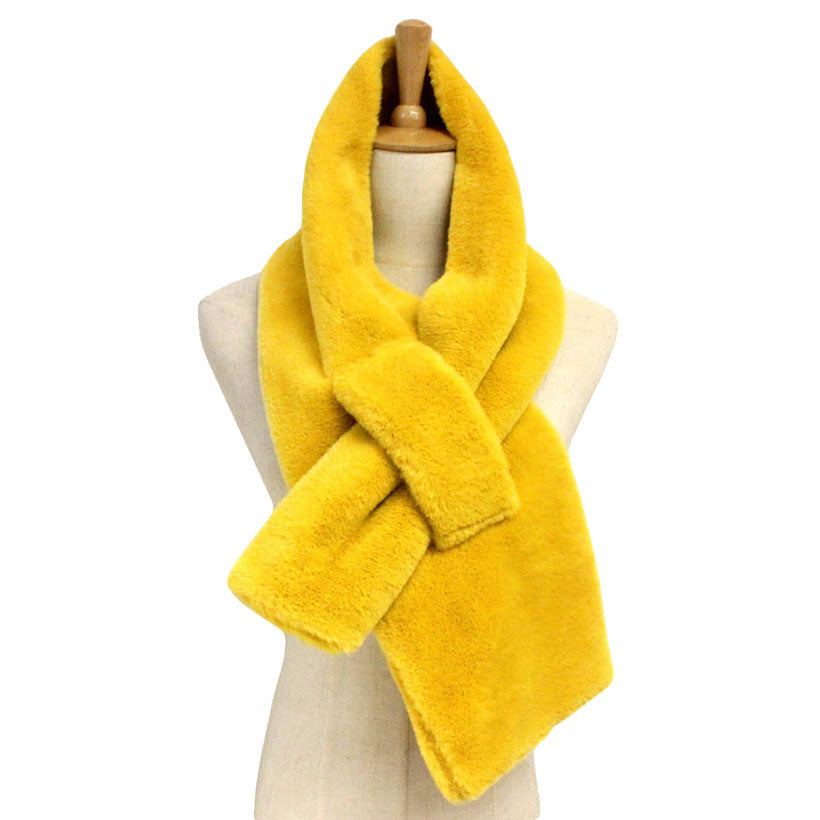Mustard Fall Winter Sold Faux Fur Pull Through Scarf, delicate, warm, on trend & fabulous, a luxe addition to any cold-weather ensemble. Great for daily wear in the cold winter to protect you against chill, classic infinity-style scarf & amps up the glamour with plush material that feels amazing snuggled up against your cheeks.