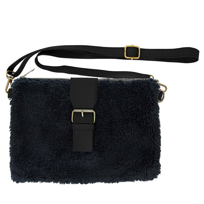Fashionable Sherpa Fleece Belt Crossbody Bag - Black - Crossbody Bags