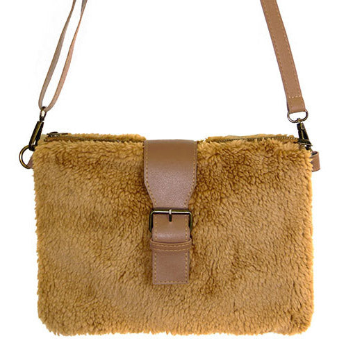 Fashionable Sherpa Fleece Belt Crossbody Bag - Brown - Crossbody Bags