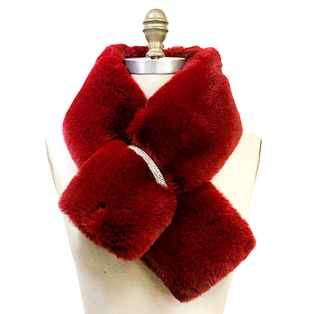 Faux Fur Bling Pull Through Scarf - Burgundy - Scarves