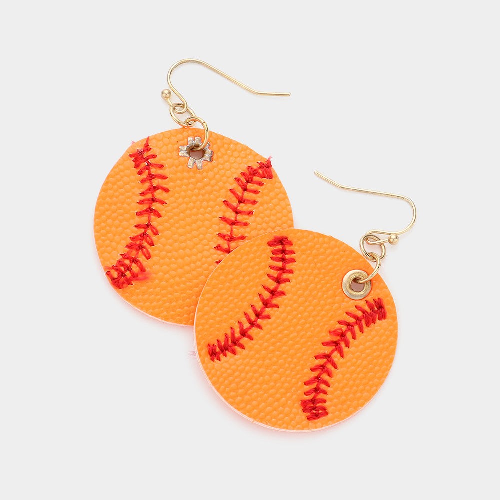 Neon, Orange Faux Leather Baseball Dangle Earrings