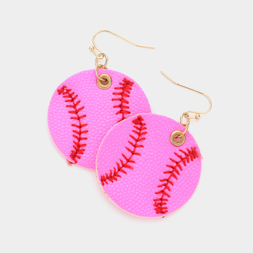 Neon, Pink Faux Leather Baseball Dangle Earrings