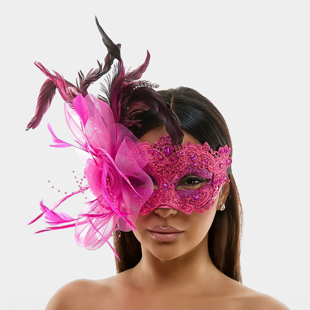 Hot Pink Feather Flower Embellishment Lace Masquerade Halloween Party Mask