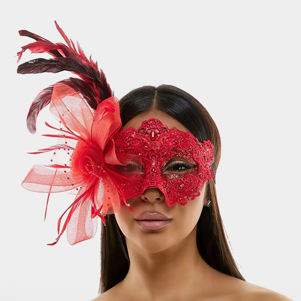 Red Feather Flower Embellishment Lace Masquerade Halloween Party Mask