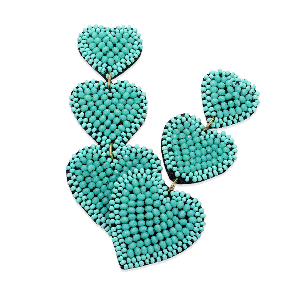 Felt Back Beaded Triple Heart Link Dangle Earrings - Earrings