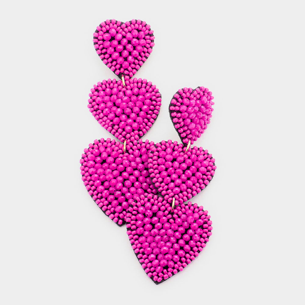Felt Back Beaded Triple Heart Link Dangle Earrings - Fuchsia - Earrings