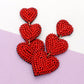 Felt Back Beaded Triple Heart Link Dangle Earrings - Red - Earrings