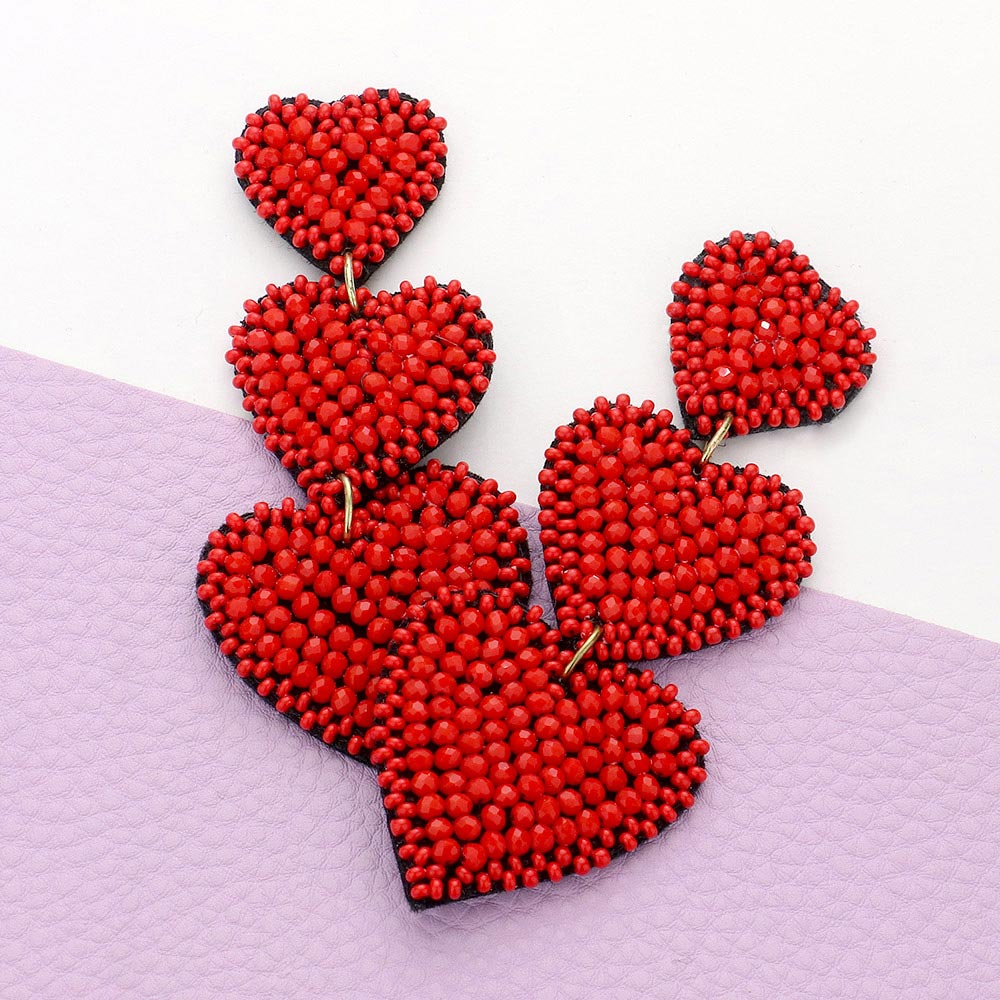 Felt Back Beaded Triple Heart Link Dangle Earrings - Red - Earrings