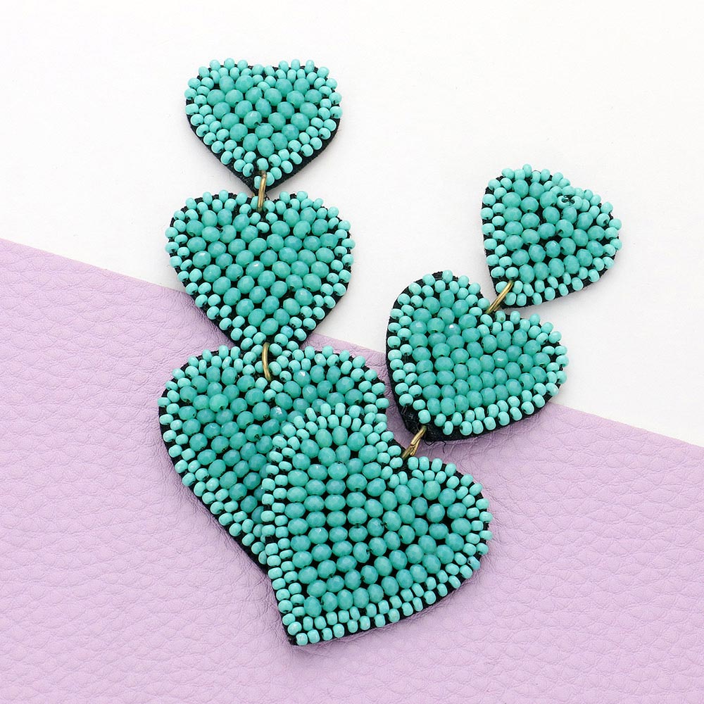 Felt Back Beaded Triple Heart Link Dangle Earrings - Turquoise - Earrings
