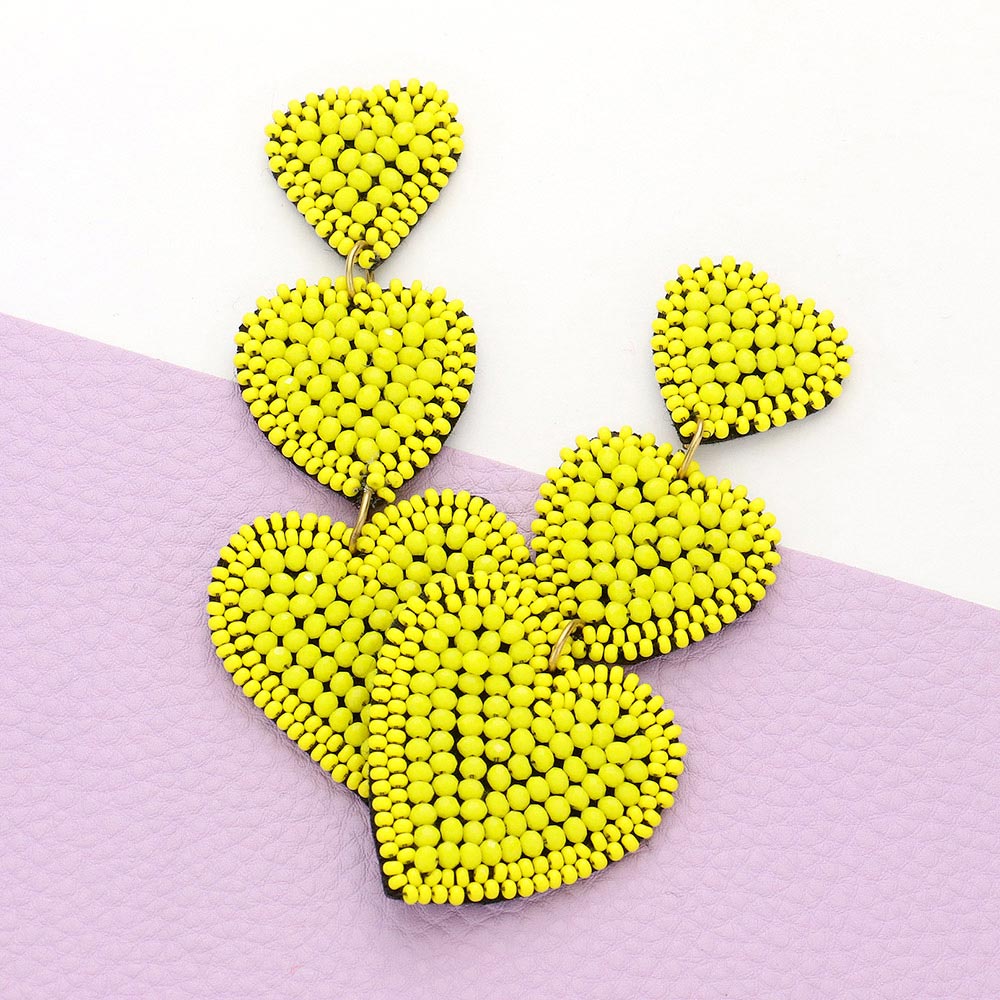 Felt Back Beaded Triple Heart Link Dangle Earrings - Yellow - Earrings