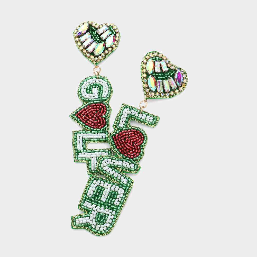 Green Felt Back GOLF LOVER Message Beaded Dangle Earrings
