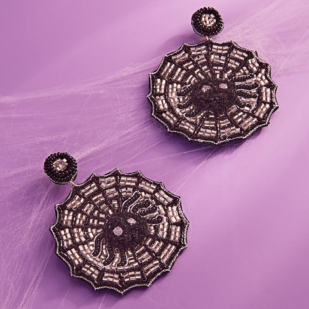Jet Black Felt Back Halloween Spider Web Seed Beaded Dangle Earrings
