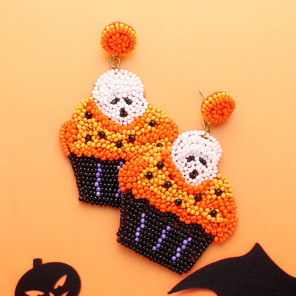 Orange Felt Back Halloween Theme Skull Cupcake Beaded Dangle Earrings