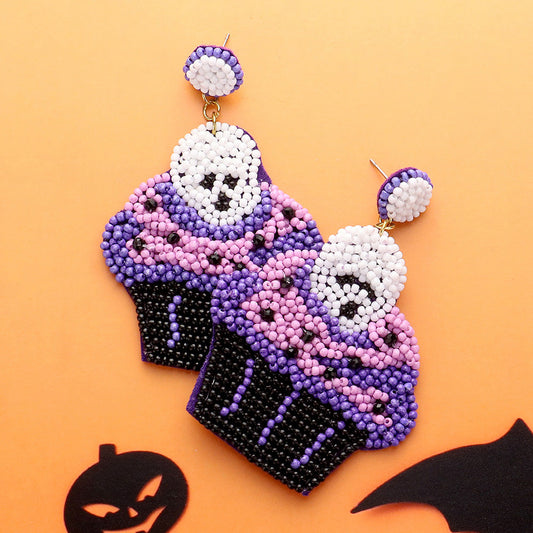 Purple Felt Back Halloween Theme Skull Cupcake Beaded Dangle Earrings