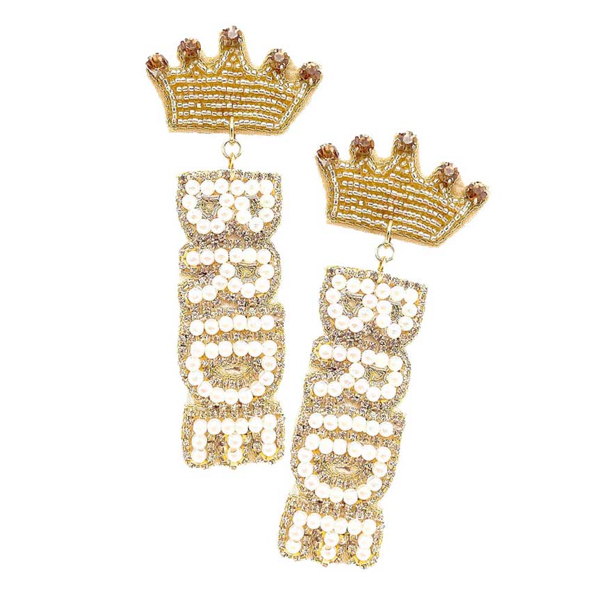 Light Col Topaz Felt Back Pearl Beaded 'Bride' Crown Dangle Earrings Bead Earrings Crown Bride Earrings; fun handcrafted jewelry that fits your lifestyle, adding a pop of pretty color, perfect for Bachelorette Party and Wedding. Enhance your attire with these vibrant artisanal earrings to show off your fun trendsetting style.