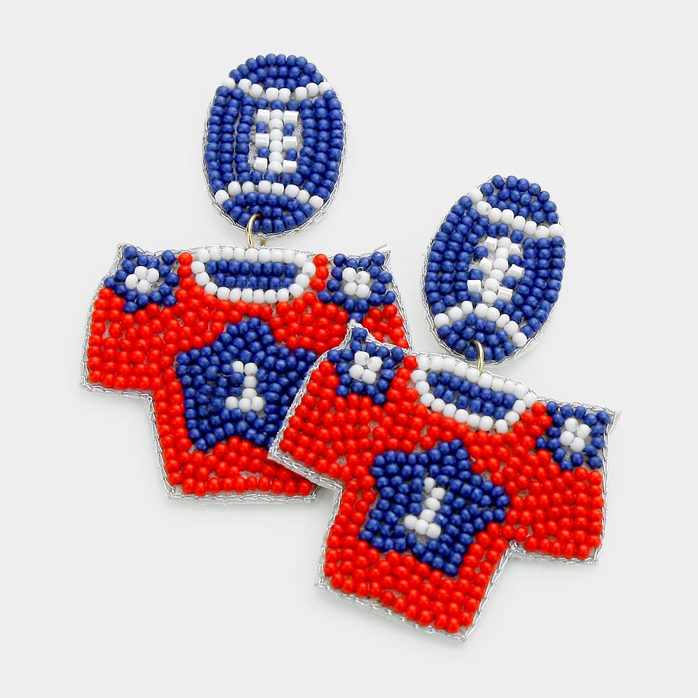 Blue, Red Felt Back Seed Beaded Football Uniform Link Dangle Earrings