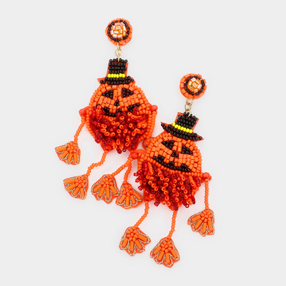 Orange Felt Back Seed Beaded Pumpkin Dangle Earrings