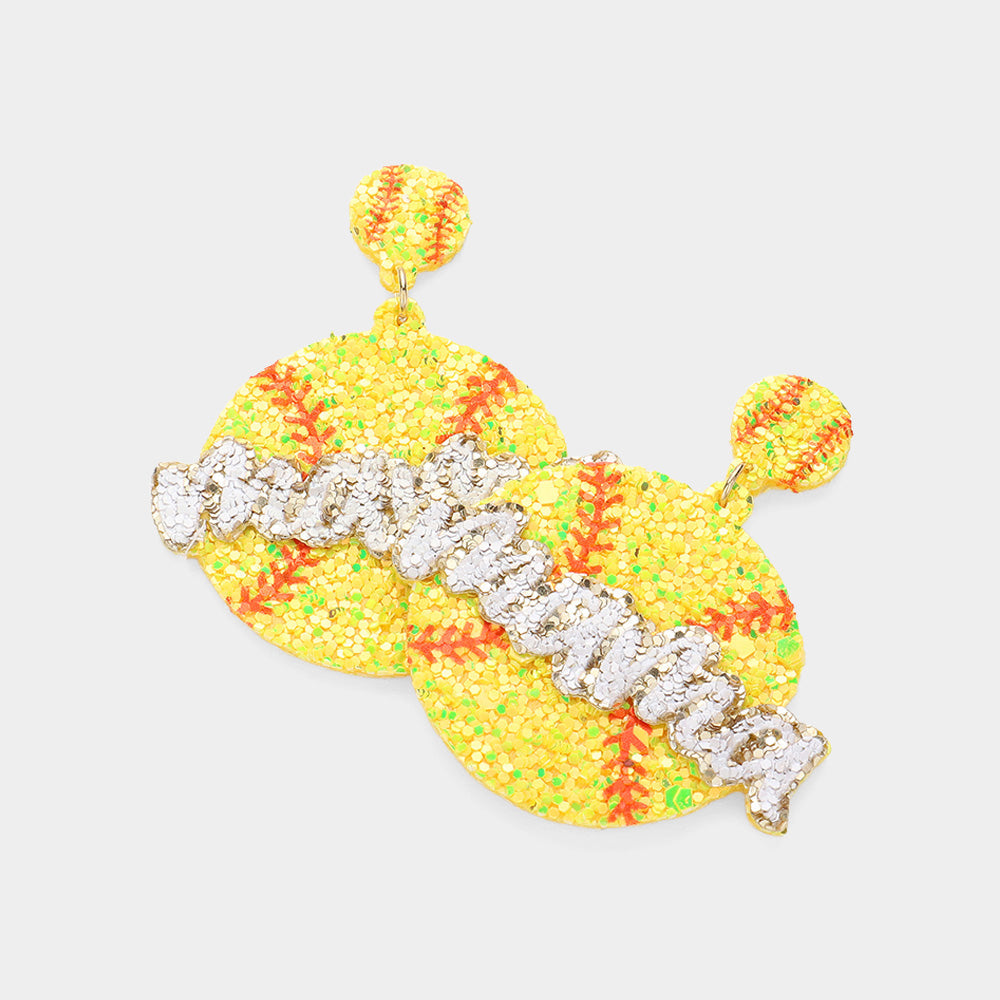 Yellow Felt Back Sequin Softball Mama Dangle Earrings