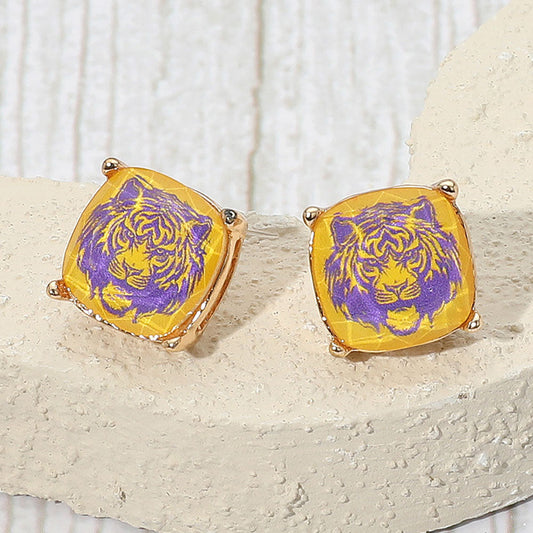 Yellow Fierce Tiger Face Printed Game Day Cushion Square Stud Earrings