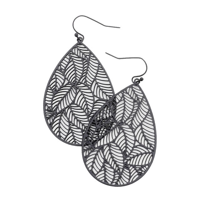Black Filigree Leaf Detail Brass Metal Teardrop Dangle Earrings; get into the Christmas spirit with our gorgeous handcrafted Christmas earrings, they will dangle on your earlobes & bring a smile to those who look at you. Perfect Gift December Birthdays, Christmas, Stocking Stuffers, Secret Santa, BFF, etc