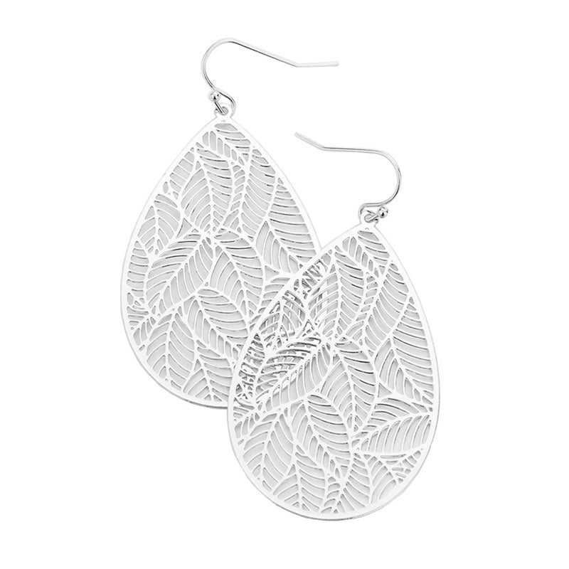 Rhodium Filigree Leaf Detail Brass Metal Teardrop Dangle Earrings; get into the Christmas spirit with our gorgeous handcrafted Christmas earrings, they will dangle on your earlobes & bring a smile to those who look at you. Perfect Gift December Birthdays, Christmas, Stocking Stuffers, Secret Santa, BFF, etc