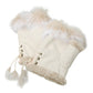 Fingerless Faux Fur Trim Faux Suede Gloves Drawstring - Beige - Gloves