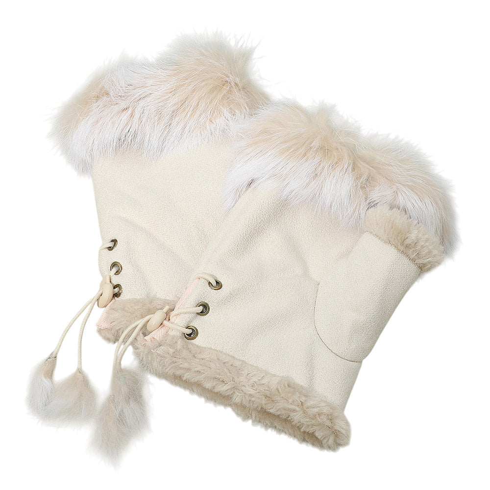 Fingerless Faux Fur Trim Faux Suede Gloves Drawstring - Beige - Gloves