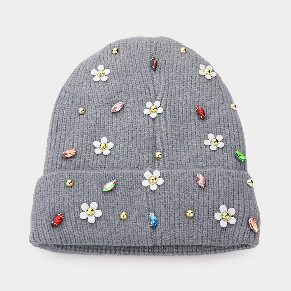 Gray Fleece Lining Daisy Flower Stone Embellished Solid Knit Beanie Hat