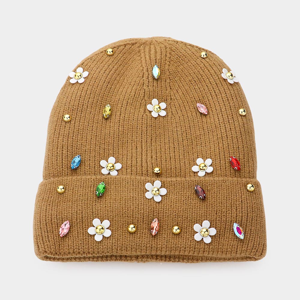 Brown Fleece Lining Daisy Flower Stone Embellished Solid Knit Beanie Hat