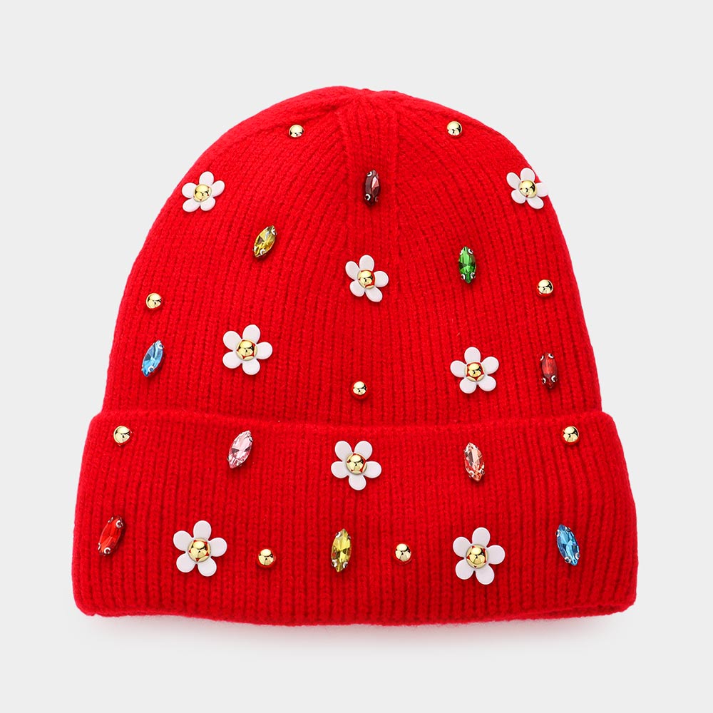 Red Fleece Lining Daisy Flower Stone Embellished Solid Knit Beanie Hat