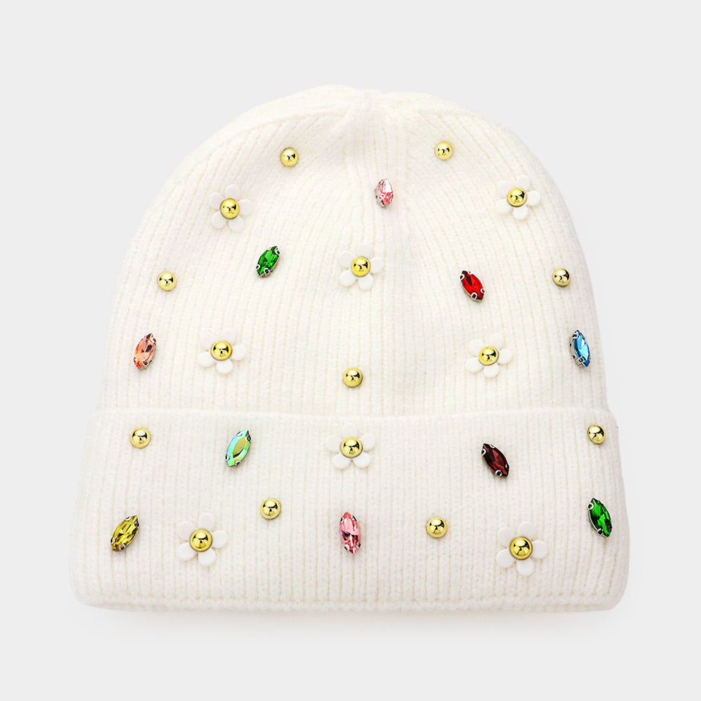 White Fleece Lining Daisy Flower Stone Embellished Solid Knit Beanie Hat