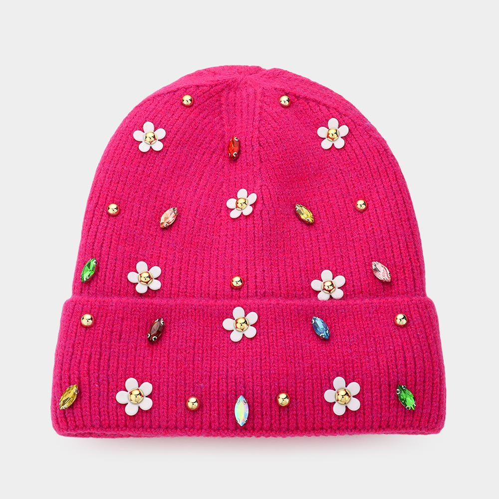 Fuchsia Fleece Lining Daisy Flower Stone Embellished Solid Knit Beanie Hat