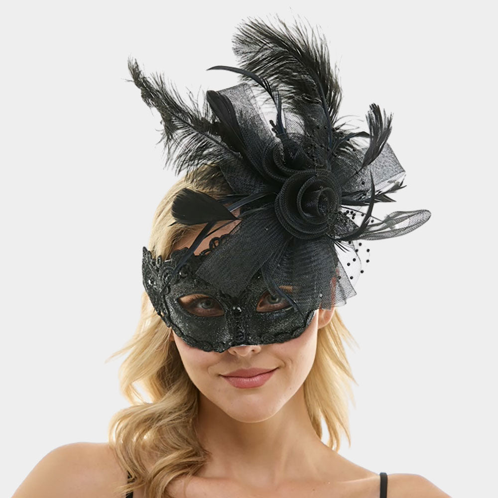 Black Floral Bow Accent Feather Masquerade Halloween Mask