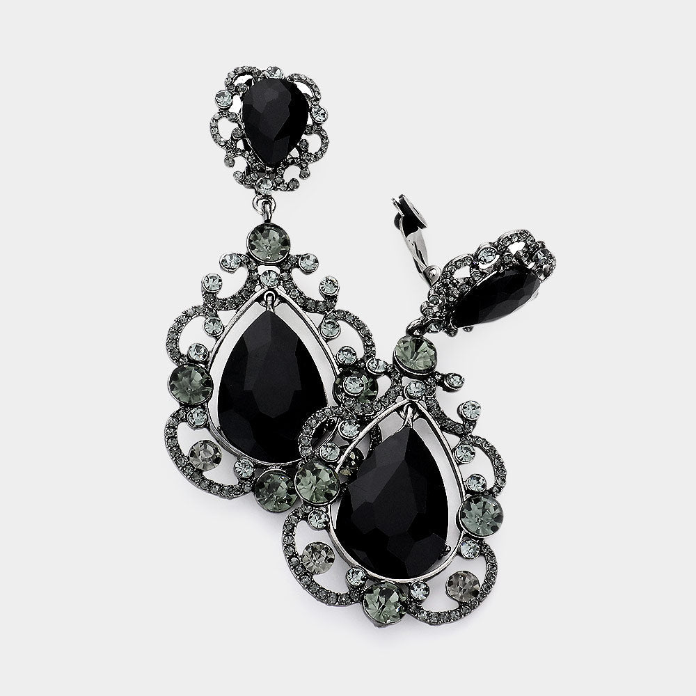 Black Floral Crystal Teardrop Clip On Evening Earrings
