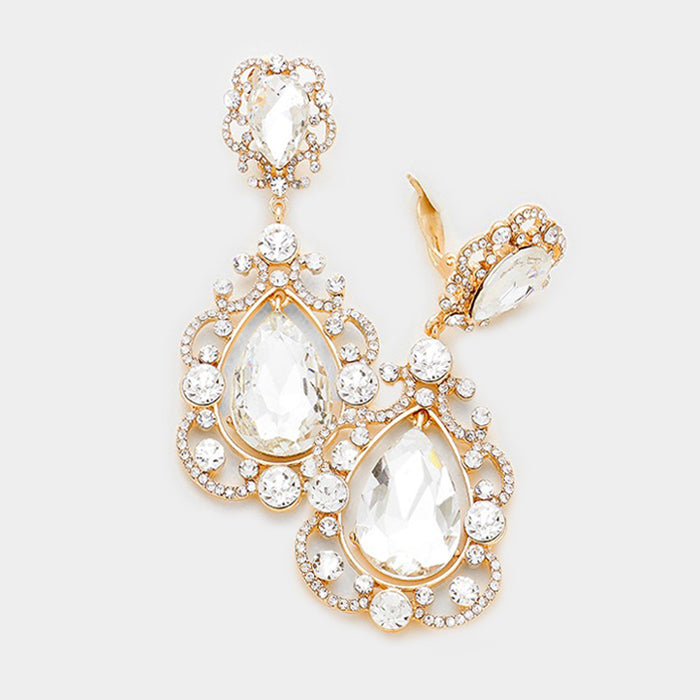 Clear, Gold Floral Crystal Teardrop Clip On Evening Earrings