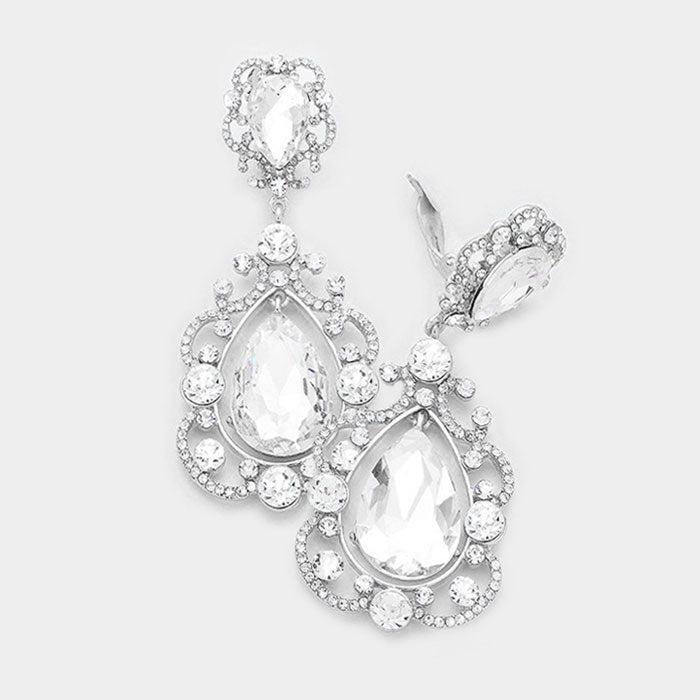 Clear, Rhodium Floral Crystal Teardrop Clip On Evening Earrings