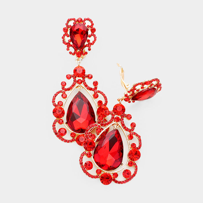 Gold, Red Floral Crystal Teardrop Clip On Evening Earrings