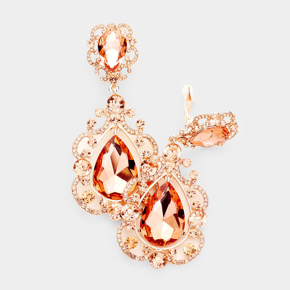 Peach, Rose Gold Floral Crystal Teardrop Clip On Evening Earrings