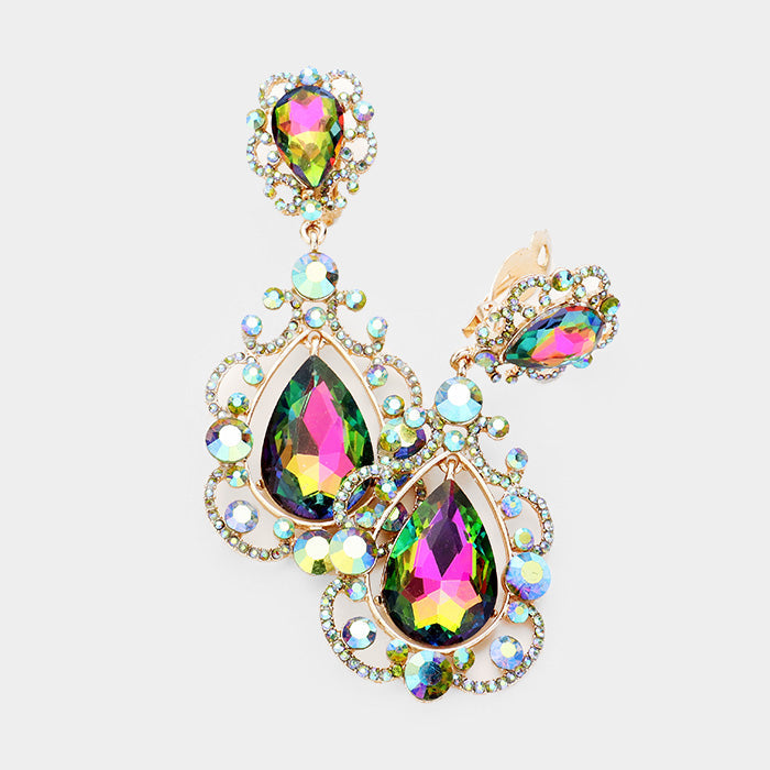 Vitrail Medium Floral Crystal Teardrop Clip On Evening Earrings