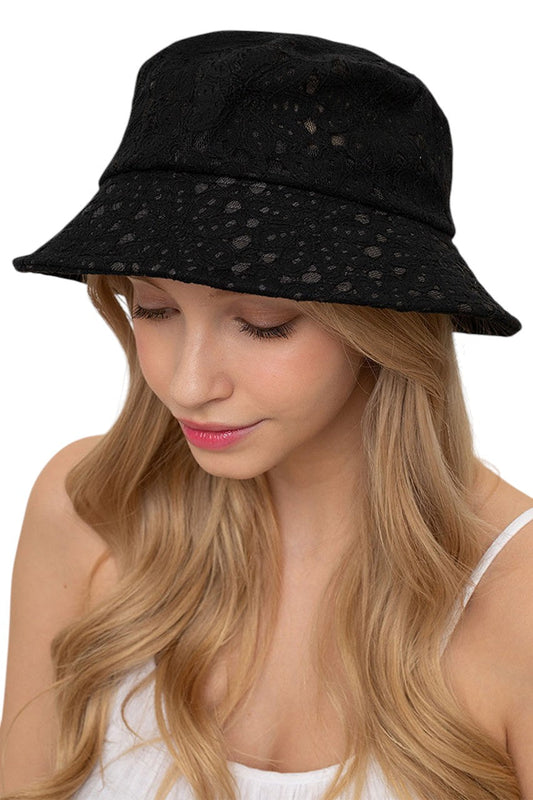 Black FLORAL LACE BUCKET HAT combines a timeless silhouette with intricate lace patterning for a sophisticated accessory. The breathable construction offers optimal comfort while providing effective sun protection. Precision-crafted with durable materials, this versatile piece transitions seamlessly between casual and formal settings. The dimensional floral detailing adds texture and visual interest to any ensemble.