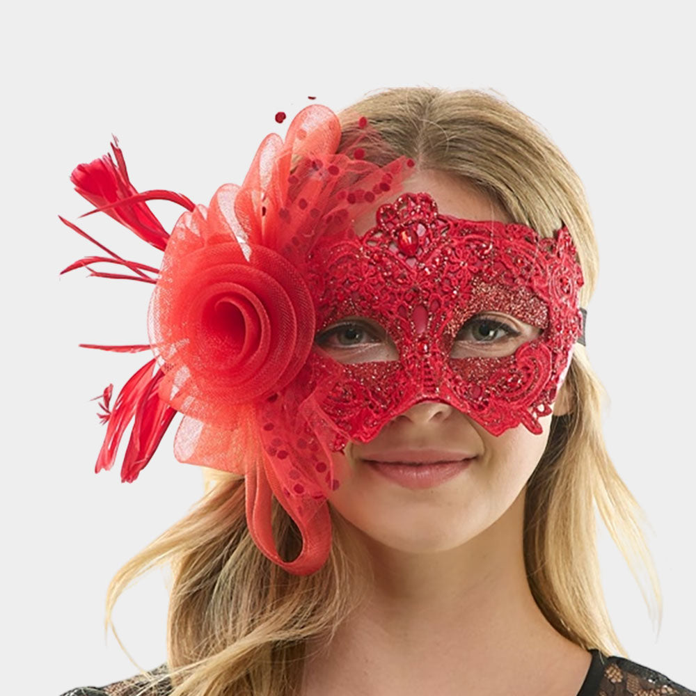 Red Floral Lace Feather Tulle Masquerade Halloween Mask