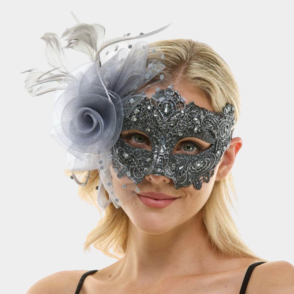 Silver Floral Lace Feather Tulle Masquerade Halloween Mask