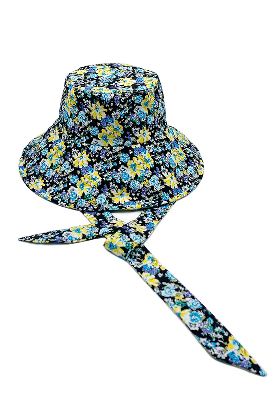 Navy FLORAL PRINT CHIN TIE BUCKET HAT features a precisely rendered floral print pattern and strategically placed chin ties for enhanced stability in various conditions. Engineered with advanced textiles that provide superior sun protection while maintaining optimal breathability. The structured brim offers consistent shade coverage, while the interior moisture-wicking band ensures comfort during extended wear. A versatile accessory that balances aesthetic appeal with functional performance.